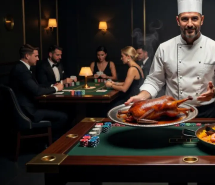 Chef's specials plated beside poker tables with tournament chips and cards.