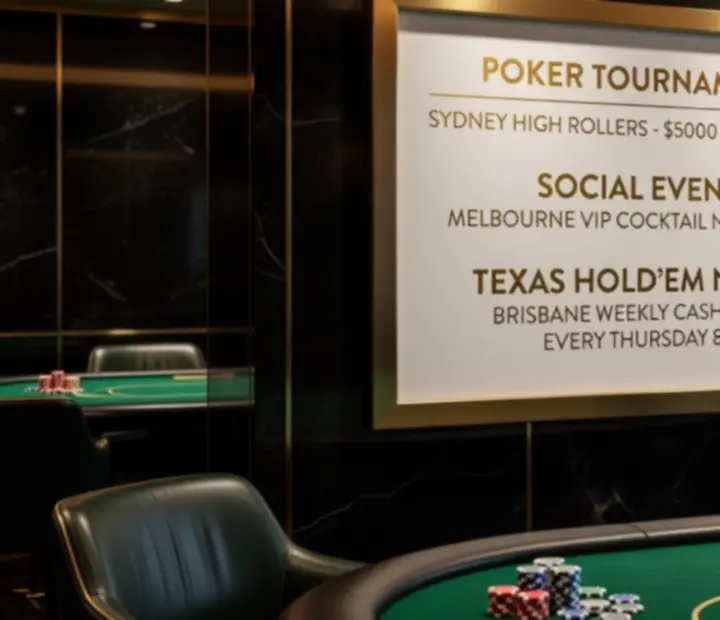 Luxurious Australian dining room opening into a high roller offline poker card room with felt tables and tournament chips