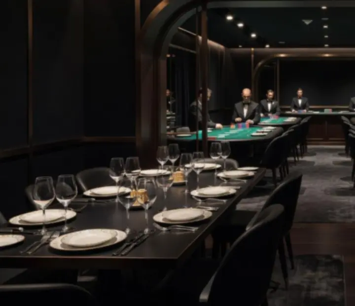 Sophisticated Australian dining room opening into a high roller card room with felt poker tables, live dealers, and stacks of tournament chips.