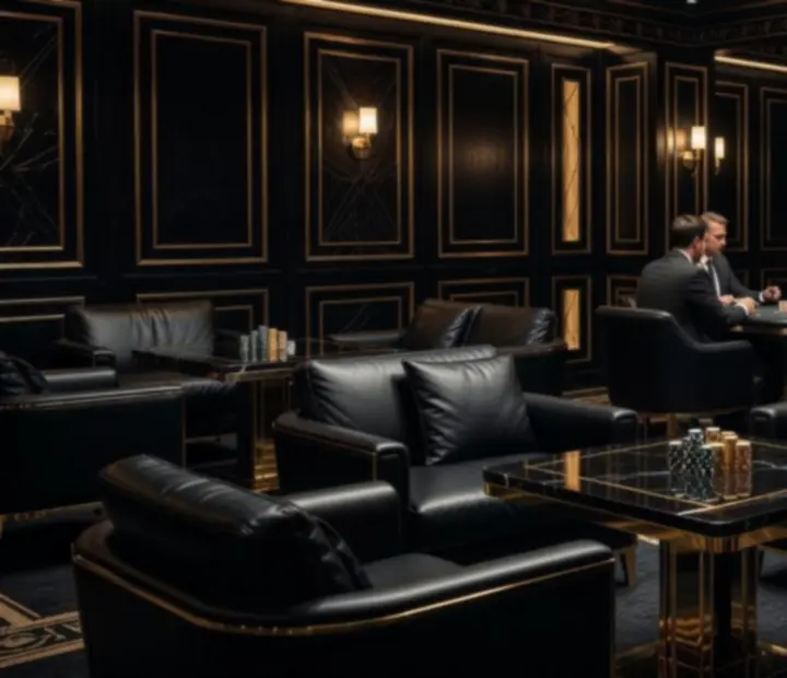 High roller poker lounge at LuckyVegga with dining and poker tables