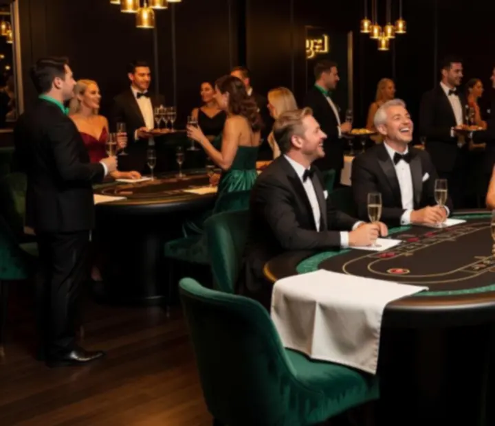 Guests gathered at high roller poker tables during a themed mixer with gourmet dining service