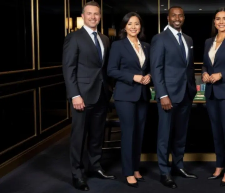 LuckyVegga leadership team standing inside an obsidian-toned dining and poker lounge space.