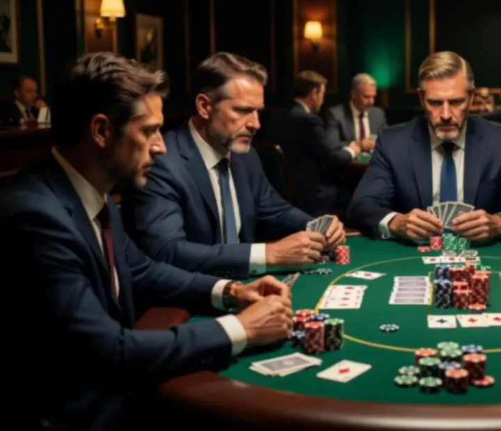 LuckyVegga card room with emerald felt poker tables, tournament chips, and players in a high roller lounge setting