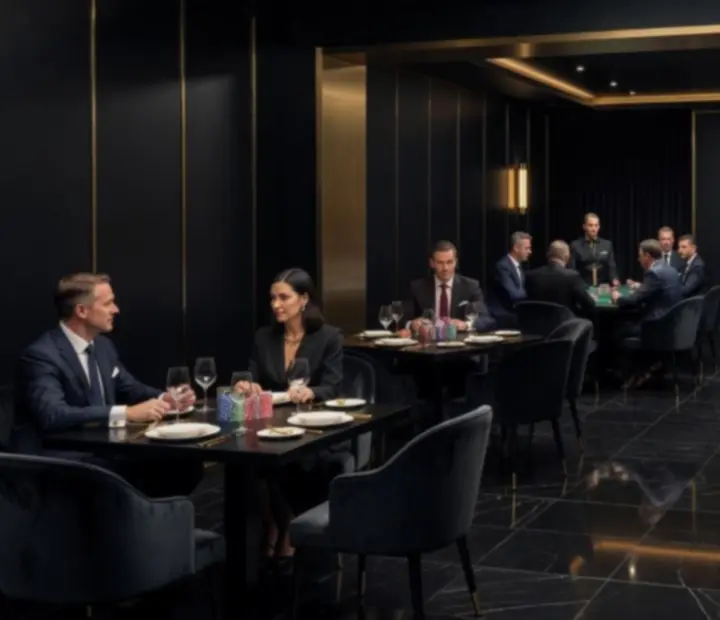 LuckyVegga dining room with a view into the adjacent high roller offline poker card room featuring felt poker tables and tournament chips