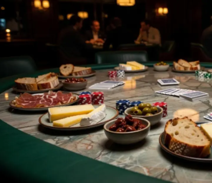 Poker night sharing plates with cheeses, cured meats, olives and artisanal breads arranged beside poker chips.