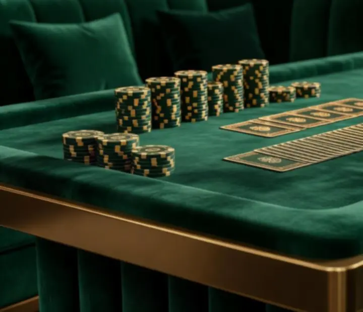 Detail of professional poker tables with felt, chips, and seating at LuckyVegga