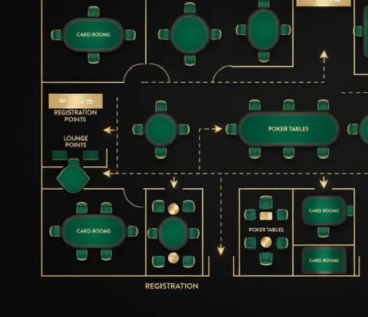 Emerald-highlighted floor map of the LuckyVegga offline poker tournament area