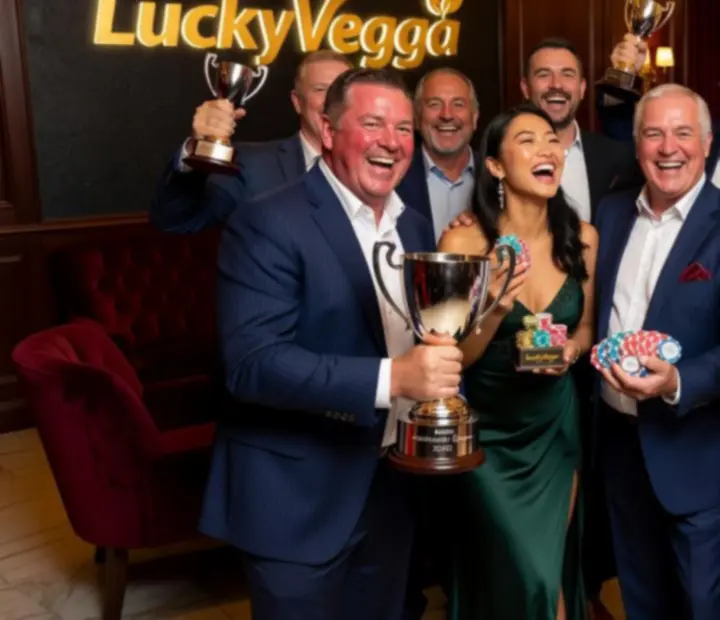 Gallery of past offline poker tournament winners at LuckyVegga holding trophies beside Texas Hold'em tables