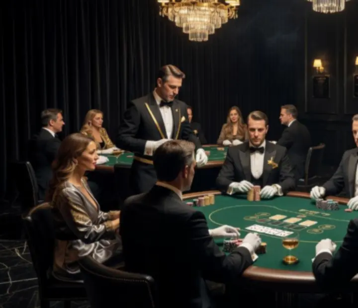Sophisticated Australian dining room opening into an offline poker tournament card room with Texas Hold'em tables